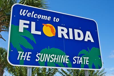 Sign welcoming visitors to Florida, the Sunshine State