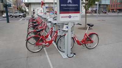 Images of bicycles available to tourists for getting around Denver without a car