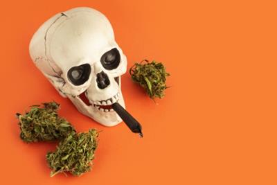 A halloween skull with a cannabis joint a weed strains