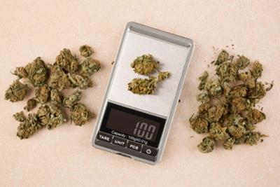 weed on a scale that reads one gram