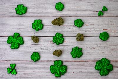 St. Patrick's Day green and glittery decorations with darker green weed buds laid out on a grey wooden background