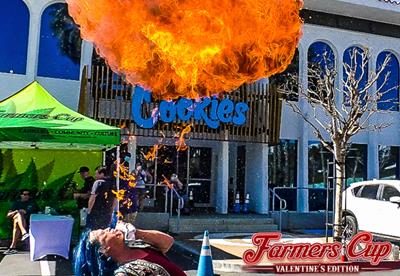 Image from the California's Farmers Cup Edible competition with the Cookies building in the background, a neon green pop-up tent, and then a lady blowing a fire ball into the sky with blue hair