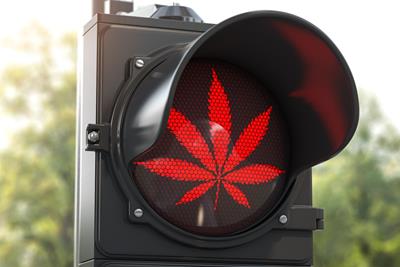 Image of a traffic stop light with red pot leaf replacing the top red light