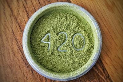 Grinder full of kief with "420" spelled out